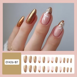 Christmas Press on Nails Oval Long Fake Nails Xmas False Nails With Snowflake Designs Gold Glitter Full Cover Stick on Nails Acrylic Winter New Year Artificial Nails for Women Girls 24Pcs