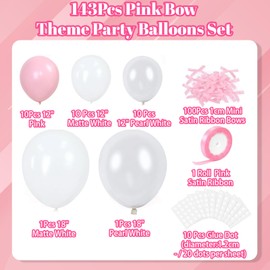 Bow Balloons 143 Pcs,Pink Party Decorations,32Pcs Pink Balloons and 100 Pcs DIY Mini Bows for Birthday Baby Shower Tying The Knot Bridal Shower Bachelorette Decorations