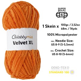 HobbyMia Velvet XL - Chenille Yarn for Crocheting - 100g / 74yds - (6) Super Bulky Yarn - Fluffy Yarn for Crochet - Crocheting Baby Blankets (14550 - Mango Orange, 1 Skein)