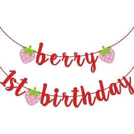 Berry First Birthday Banner, Glitter Strawberry Banner, 1st Birthday Decor (Pink) Gift - Color: red