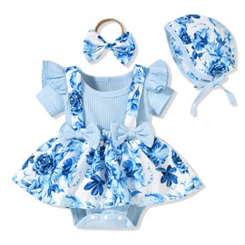 Baby Girl Clothes 0-3 Months Infant Suspender Outfit Floral Romper Short Sleeve Dress Ruffle Jumpsuit with Spring Summer Headband Hat Blue
