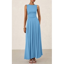 PRETTYGARDEN Womens Spring Dresses 2025 Casual Sleeveless Crewneck Aline Maxi Dress Stretch Tank Flowy Long Dresses (Light Blue, Medium)