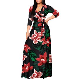 AOMONI Womens Maxi Flower Print Casual 3/4 Sleeve V-Neck Wrap Tie Waist Long Dress Red Flower Leaf XX-Large