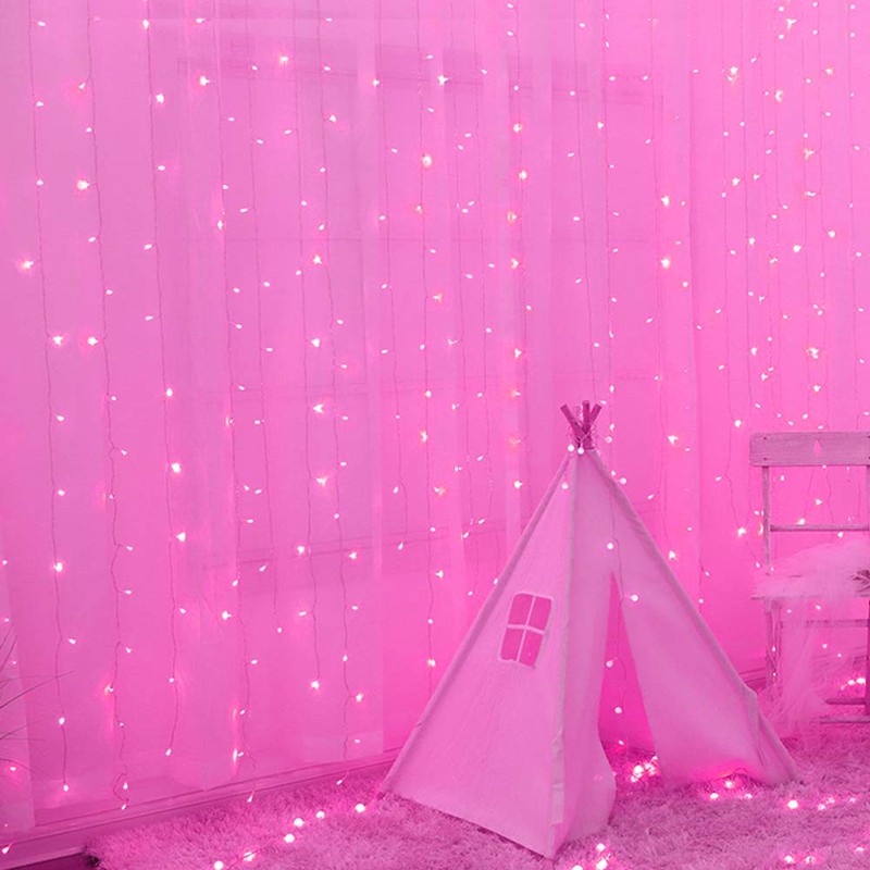 JMEXSUSS 300 LED Pink Curtain Lights, Remote Control Curtain String