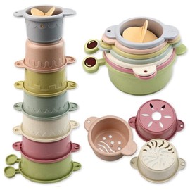 BERYLED Baby Stackable Cups Toys 6-12-18 Months 7 Pieces 2 in 1 Building Toys Horizontal and Vertical Sand Bath Tower Glasses Pattern Montessori Educational Gift for 1 Year Old