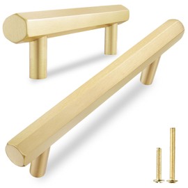 QOGRISUN 5-Pack Solid Brass Cabinet Pulls Hexagon Drawer Handles, 5-Inch Hole Center, Suitable for Kitchen Bathroom Dresser Cupboard Hardware, 6.6-Inch Total Length, Brushed Finish