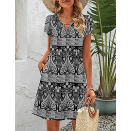 Zeagoo Women's Casual Boho Dress Loose A Line Dress with Pockets Short Sleeve Sundress Summer Tunic Dresses Black Mini Dresses Medium