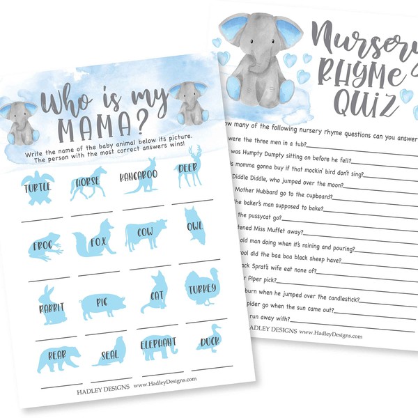 Blue Elephant Baby Shower Games For Boys - 2 Games Double Sided, 25 Baby Animal Matching Baby Shower, 25 Nursery Rhyme Baby Shower Game, Fun Baby Shower Games, Baby Shower Party Supplies