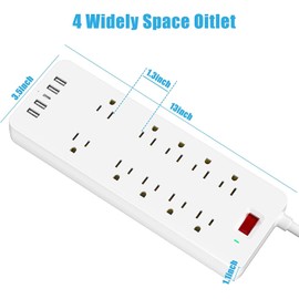 Power Strip Surge Protector with 10 Outlets & 4 USB Ports & 1 USB-C Port (5V/3A), HITRENDS 1875W/15A Flat Plug Spaced Outlets with 6 Feet Extension Cord for Home Office, ETL Listed, White