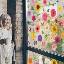 WALPLUS 90 PCS Flower Window Stickers Double Sided Window Decals for Glass Reusable Spring Window Stickers Summer Bouquet with Butterflies Summer Window Stickers