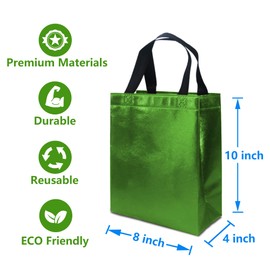 FONXHEE 6 Pack Green Gift Bags with Tissues, Medium Reusable Gift Bags with Handles, Shine, Sturdy, Glossy Metallic Non Woven Gift Bags for Christmas Birthday Party, 8 x 4 x 10 Inch