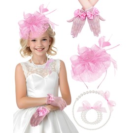 Bnsikun Girls Tea Party Fascinators Hats Lace Gloves Pearl Necklace Set for Tea Party Wedding Accessories (Pink)