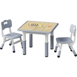 Brelley Kids Table and 2 Chairs Set, Height Adjustable Toddler Table and Chair Set, Graffiti Desktop, Classroom/Daycare/Home, Children Multi-Activity Table for Ages 2-8 - Color: Grey