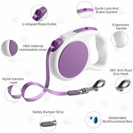 Bjdqhkj 10 ft Retractable Dog Leash with Waste Bag Dispenser, Tangle-Free, for Dogs up to 33 lbs, Calamus Purple
