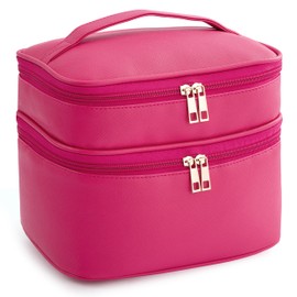 HBlife Double Layer Travel Makeup Bag Portable Cute Leather Cosmetic Bag Large Make Up Bag Makeup Case Organizer Toiletry Bag for Women Girls with Handle and Removable Divider(Hot Pink)