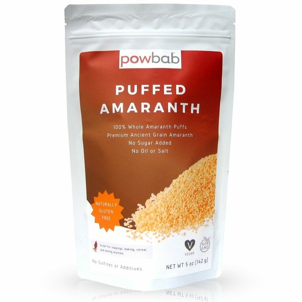 powbab Puffed Amaranth: 100% Organic Amaranth Grain Popped, Unsweetened (5 oz)