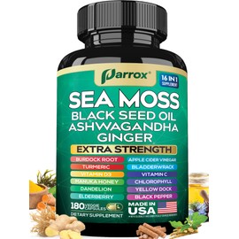 Parrox Sea Moss, Black Seed Oil, Ashwagandha, Turmeric, Chlorophyll, Dandelion, Ginger, Vitamin D3, Black Pepper, Elderberry, ACV, Yellow Dock, Burdock Root, Manuka, Vitamin C, Bladderwrack (180 Caps)