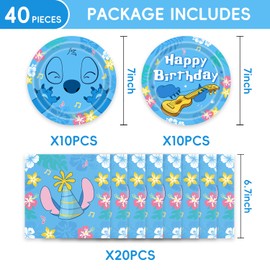 Chilamics 40Pack Stitch Party Supplies include 20 plates and 20 napkins for Blue Cartoon Luau Party Decoration (Multicolor5)