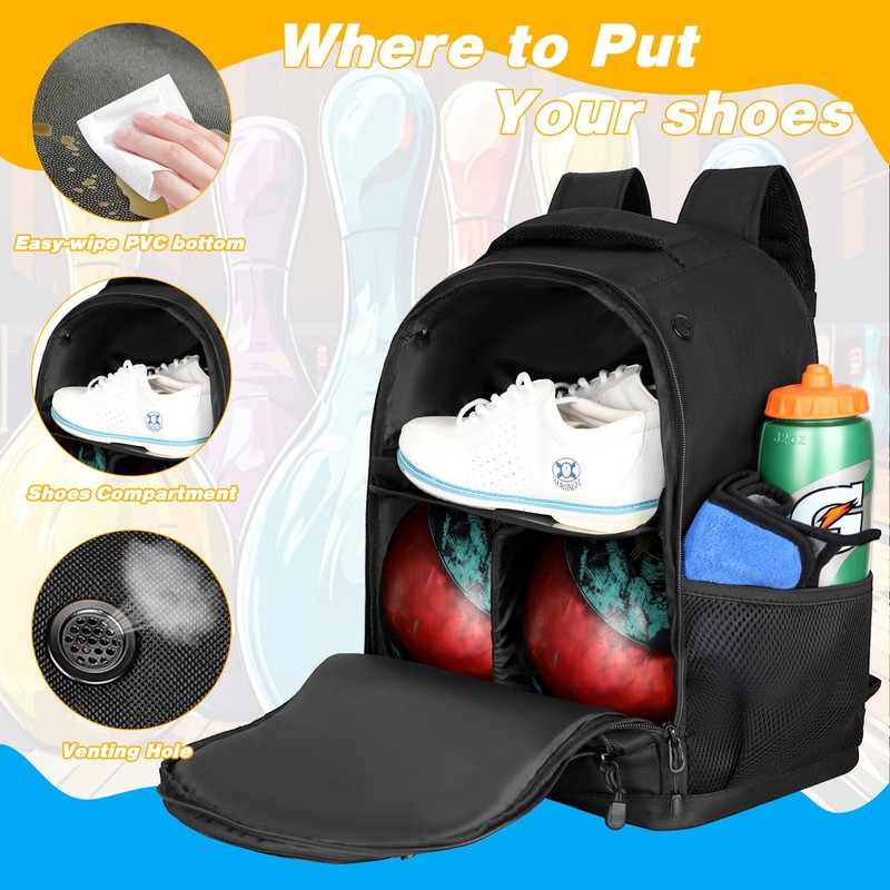 2 Ball Bowling Backpack,Bowling Ball Bag with Shoe Compartment &