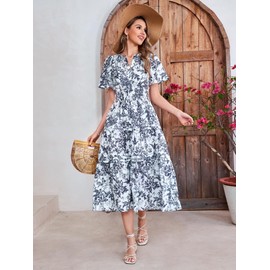 KUTUMAI Women Summer Floral Midi Dress 2024 Casual Short Sleeve V Neck Tiered Ruffle Flowy Boho Dresses with Pockets WhiteF XS