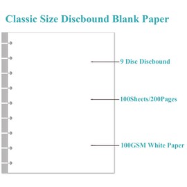 9-Disc Discbound Blank Refill Paper, Classic Size Discbound Pre-punched Happy Planners Insert, 100Sheets/200Pages Loose-Leaf Blank Paper, 100gsm White Paper, 7" x 9.25"