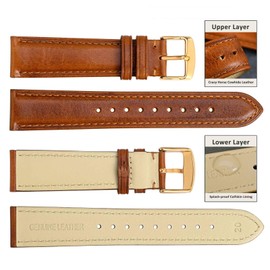 WOCCI Vintage Leather Watch Straps with Clasp Gold, Replacement Strap for Men and Women, Watch Strap 14 mm, 15 mm, 16 mm, 17 mm, 18 mm, 19 mm, 20 mm, 21 mm, 22 mm, 23 mm, 24 mm, Leather, No Gemstone