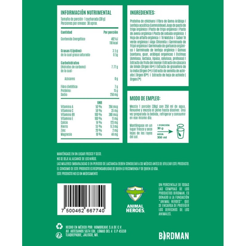 Súper-alimento Verde Parrot Greens & Protein 900g By Birdman