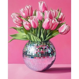 Pink Tulips Painting by Numbers Kits 16x20 inch Canvas Disco Ball Vase Pattern DIY Oil Painting for Kids, Adults Beginners with Brushes Acrylic Pigment Flowers Drawings Gift (without Frame)