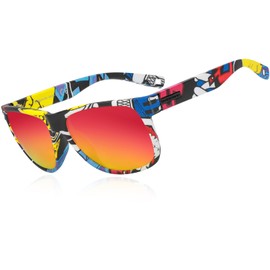 Queshark Polarised Sunglasses Men Women Ultralight & TR90 Frame & UV400 Protection & HD Pilot Lenses, Classic Sunglasses for Cycling Running Driving Fishing Hiking Climbing Riding, Printed Frame & Red