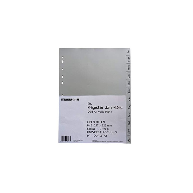 5 x A4 Index Jan-Dec 12 Pieces Universal Perforated Polypropylene