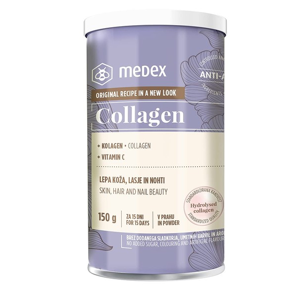 Medex Kollagen + Vitamin C, Pulver, 10.000 mg Rinderkollagen in der Tagesdosis, für feste Haut, Nägel und Haare,GLUTENFREI, LAKTOSEFREI, OHNE ZUCKERZUSATZ 15 Tage Anwendung, 150 g