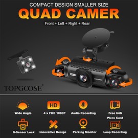 360° View 4 Channel Dash Cam Front and Rear Inside Left Right,TOPGOOSE Dash Camera for Cars FHD 1080P,Free 64GB Card,Multi-Ch Dash Camera for Cars,Black Box Trafflc Recorder,G-Sensor