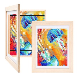 KINLINK 9x12 Kids Art Frames Set of 2, Solid Wood Kids Artwork Frames Changeable with Acrylic Front Opening Holds 150 Pictures, Art Frames for Kids Artwork with Mat or without Mat, Natural