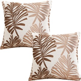 Tennove Cushion Covers 40x40cm Cotton Linen & Velvet Soft Throw Pillow Covers Set of 2 Decorative Tropic Leaf Pattern Square Cushion Cases Pillowcases for Couch Sofa Home Décor, Brown