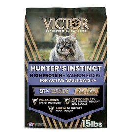 VICTOR Receta de salmón alto en proteínas Hunter's Instinct para gatos adultos de 7 años, 15 libras | Real Salmon 1st Ingredient, Supports Lean Muscle