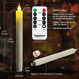 Topstone 6 pcs LED Taper Candles with Remote Control,Timer,Dimmer,Flameless Battery Operated 9.5 Inch Dripless Candles for Wedding,Christmas,Home Decor,Warm Yellow Light
