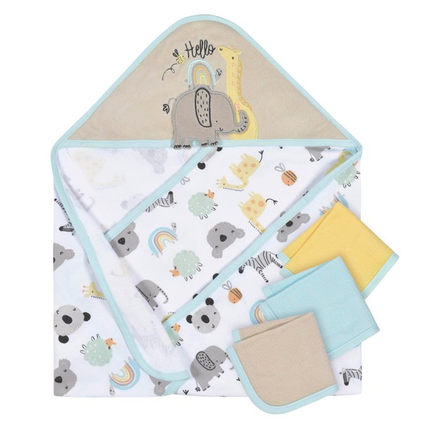 Gerber 4-Pack Baby Neutral Little Animals Hooded Towel and Washcloths