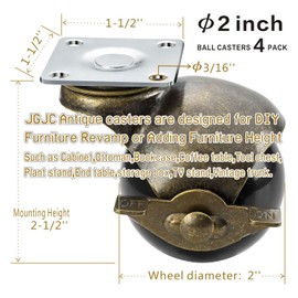 JGJC 2" Antique Brass Caster Wheels with Brake 4-Pack, 18 Screws (2 Extra) Solid Ball Casters Set of 4 Heavy Duty | Swivel Plate Vintage Castor Wheels for Furniture | Smooth Roll Over Floor & Carpet