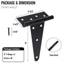 6 Inch T-Strap Gate Hinges, Heavy Duty Shed Barn Door Hinges, Black Tee Hinges for Wooden Fence, Yard Gate, Wrought Hardware Iron Rustproof (4 Pack)