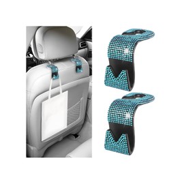 KHGUZ Bling Car Seat Headrest Hooks, 2PCS Crystal Rhinestone Vehicle Backseat Purse Holder for Handbags Coats Umbrellas, Diamond Auto Back Seat Storage Organizer Hanger, Universal Fit (Blue)