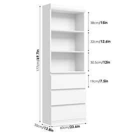 IDEALHOUSE 70" H Bookcase with 3 Storage Drawers,Tall Bookshelf w/ 3-Tier Open Shelf, Morden Storage Bookcase Wooden Deep Bookshelves Storage Cabinet Organizer for Library Office Living Room (White)