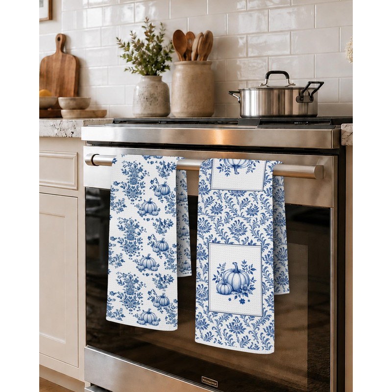Blue Chinoiserie Fall Pumpkin Kitchen Towels 16x24 in,Set of 2