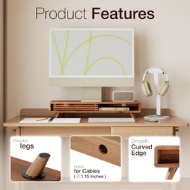 Tinamo Acacia Monitor Stand Riser with Sliding Door - - Wooden Monitor Riser for Desk - Computer Monitor Stand for Desk - Multi-Purpose Desktop Storage Stand for Computer; Laptop; TV(24.4 " x 8" x 5")