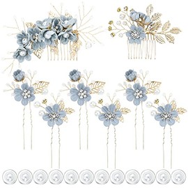 inSowni 20 Pack Classy Dusty Blue Flower Nupcial Boda Peines Laterales+Pinzas Para El Cabello Florales+Pinzas Para El Pelo De Perlas Espirales Trenza Clips Piezas Formal Prom Tocado Accesorios Para No