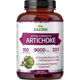 Zazzee Extra Strength Artichoke 20:1 Extract, 9000 mg Strength, 5% Caffeoylquinic Acid, 150 Vegan Capsules, 5 Month Supply, Concentrated and Standardized 20X Extract, Non-GMO and All-Natural