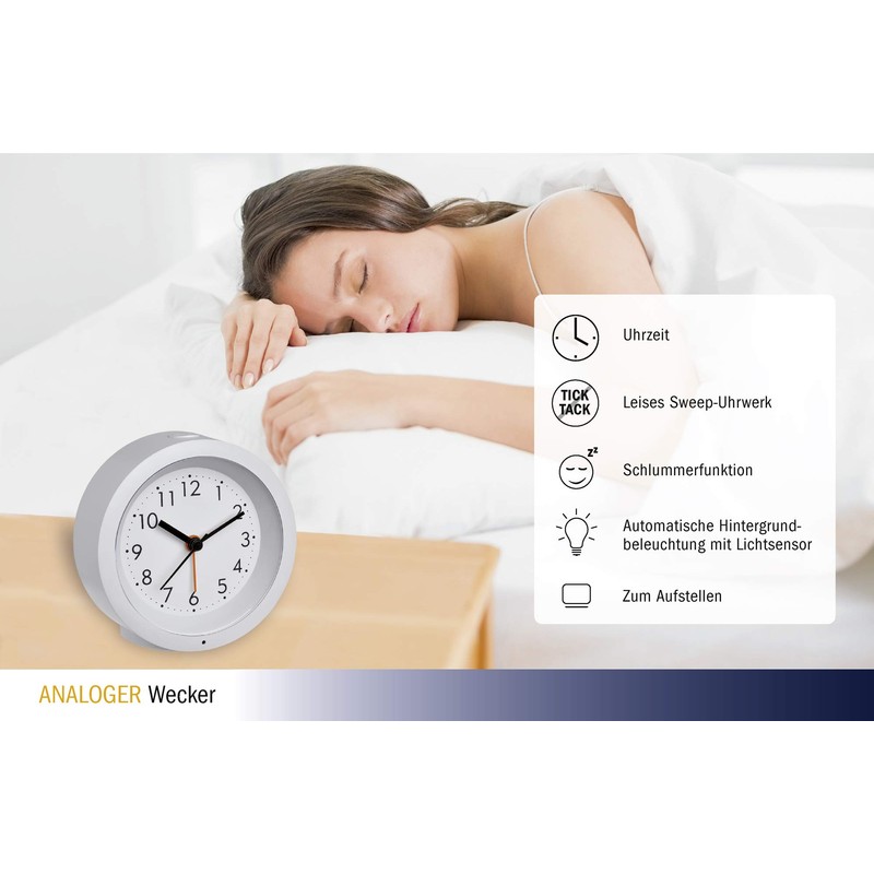 TFA Dostmann Analogue Alarm Clock 60.1029.02 with Sweep Movement Subtle