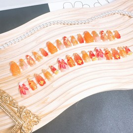 30 Pcs Fall Press on Nails Medium Almond Fake Nails with 3D Flower Gold Rose Rhinestones Design Gold Maple Leaf False Nails White French Tip Acrylic Nails Autumn Thanksgiving Stick on Nail for Women