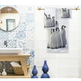 Naanle Penguin Soft Set of 3 Towels, 1 Bath Towel+1 Hand Towel+1 Washcloth, Ideal Decor for Bathroom, Hotel, Gym, Spa and Beach