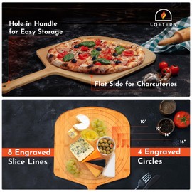 Loftern Wooden Pizza Peel 16 Inch Board with Engraved Sizes - Multi-Purpose Bamboo Pizza Cutting Board, Wood Pizza Peel, Pizza Spatula Paddle, and Serving Board with Size and Cutting Guide