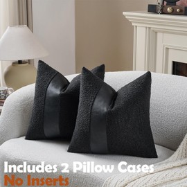 Pack of 2 Faux Leather Boucle Throw Pillow Covers 20"x20" Black Chic Accents Textured Square Decorative Pillow Cases for Living Room Couch Bed Farmhouse Boho Home Decor